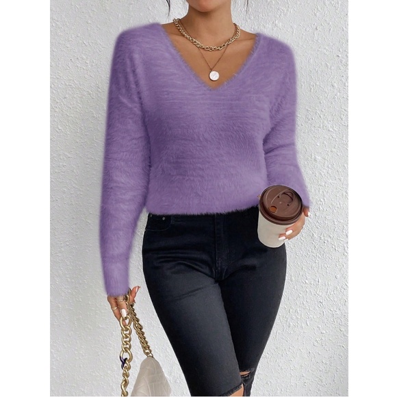 Purple Fuzzy V-Neck Pullover Knit Sweater Long Sleeve - Picture 6 of 7
